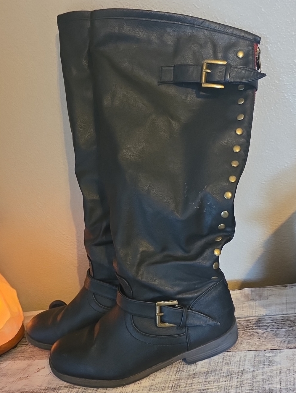 Journee Collection Black Knee High Buckle & Stud Boots